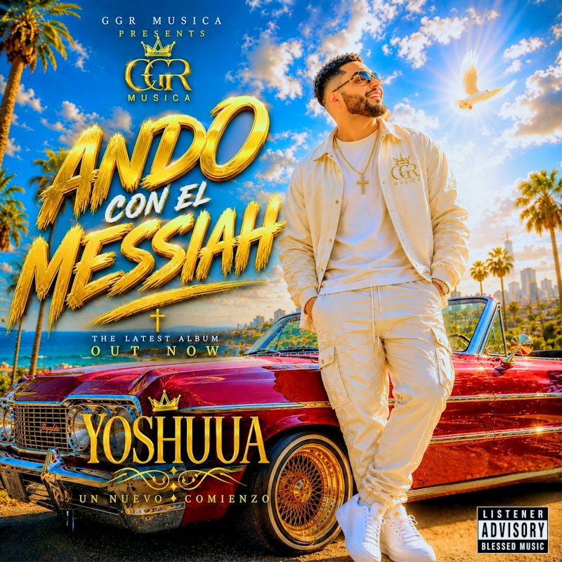 Ando Con El Messiah album artwork featuring Yoshuua beside a red classic car