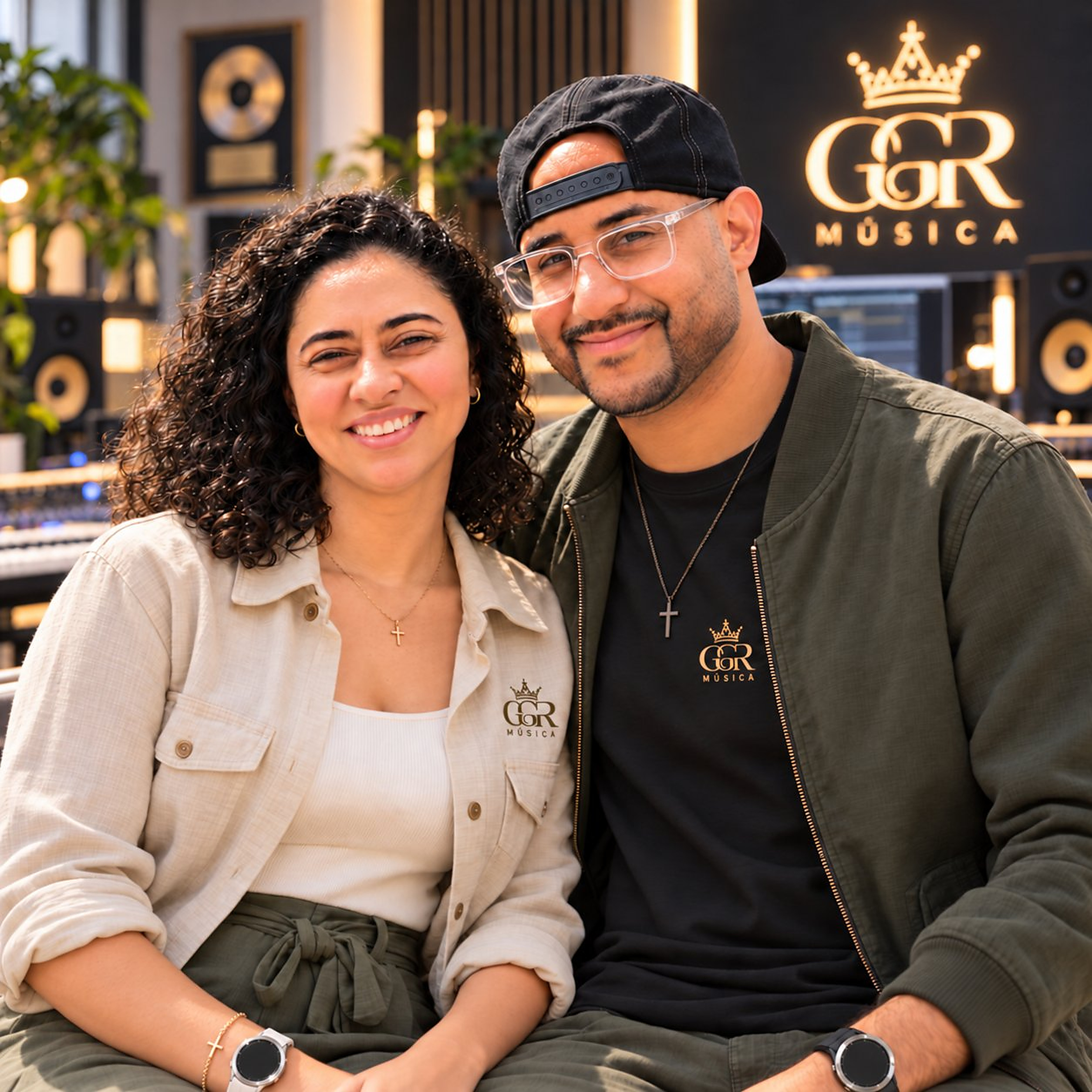 Julio and Natalia smiling together in the Global Grace Records music studio