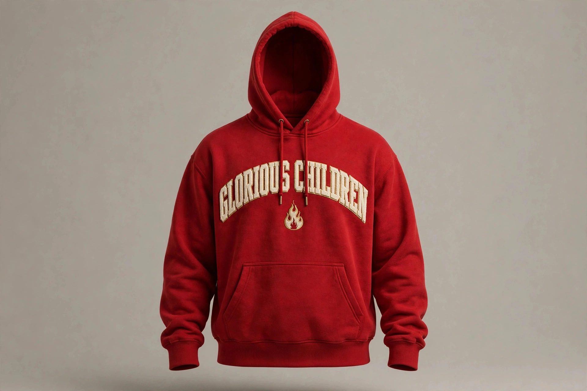 Red heavyweight hoodie with cream Glorious Children lettering