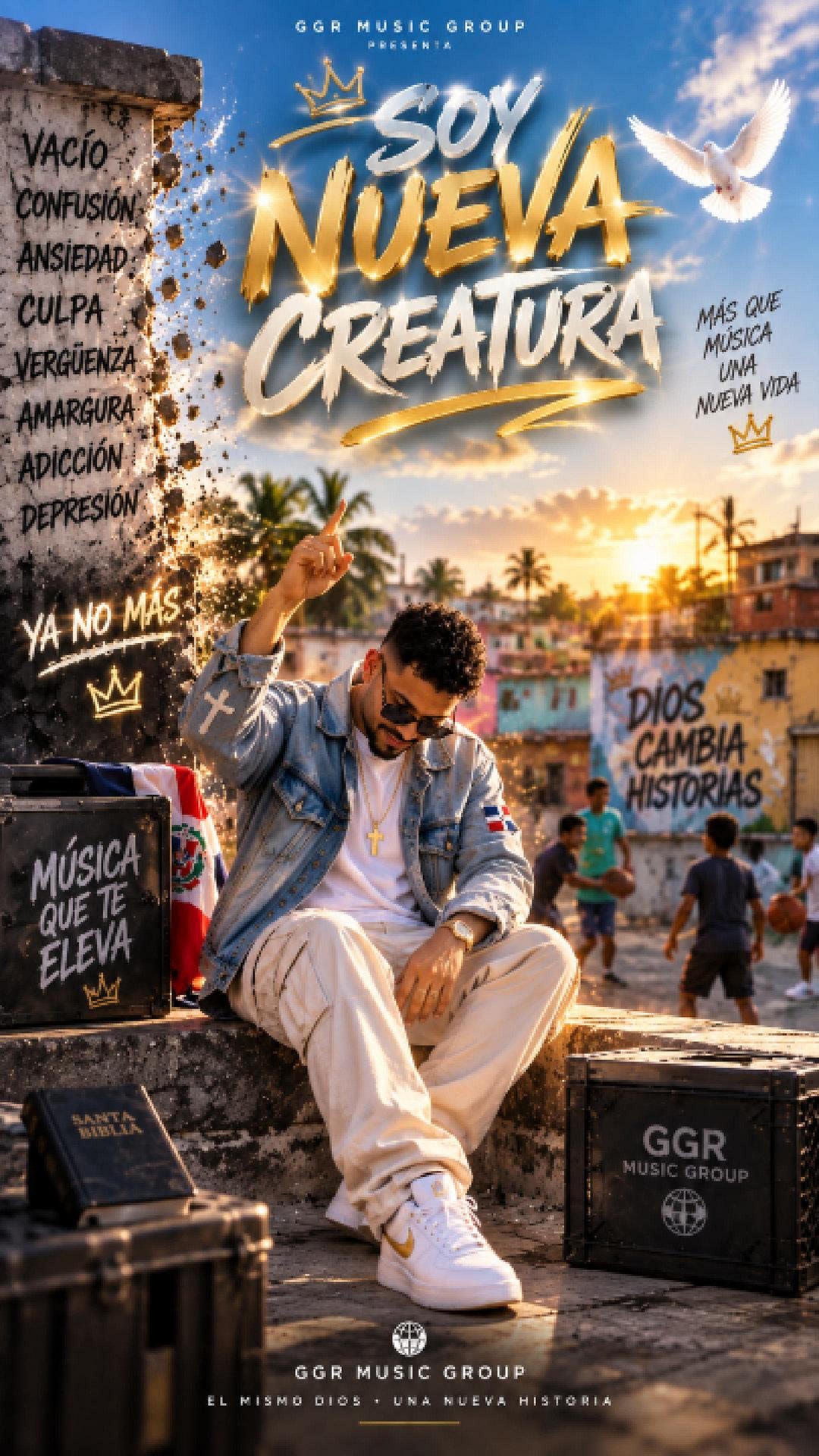 Soy Nueva Criatura official cover artwork — El Domi-Pa seated in a denim jacket under gold title lettering, a breaking wall and a white dove