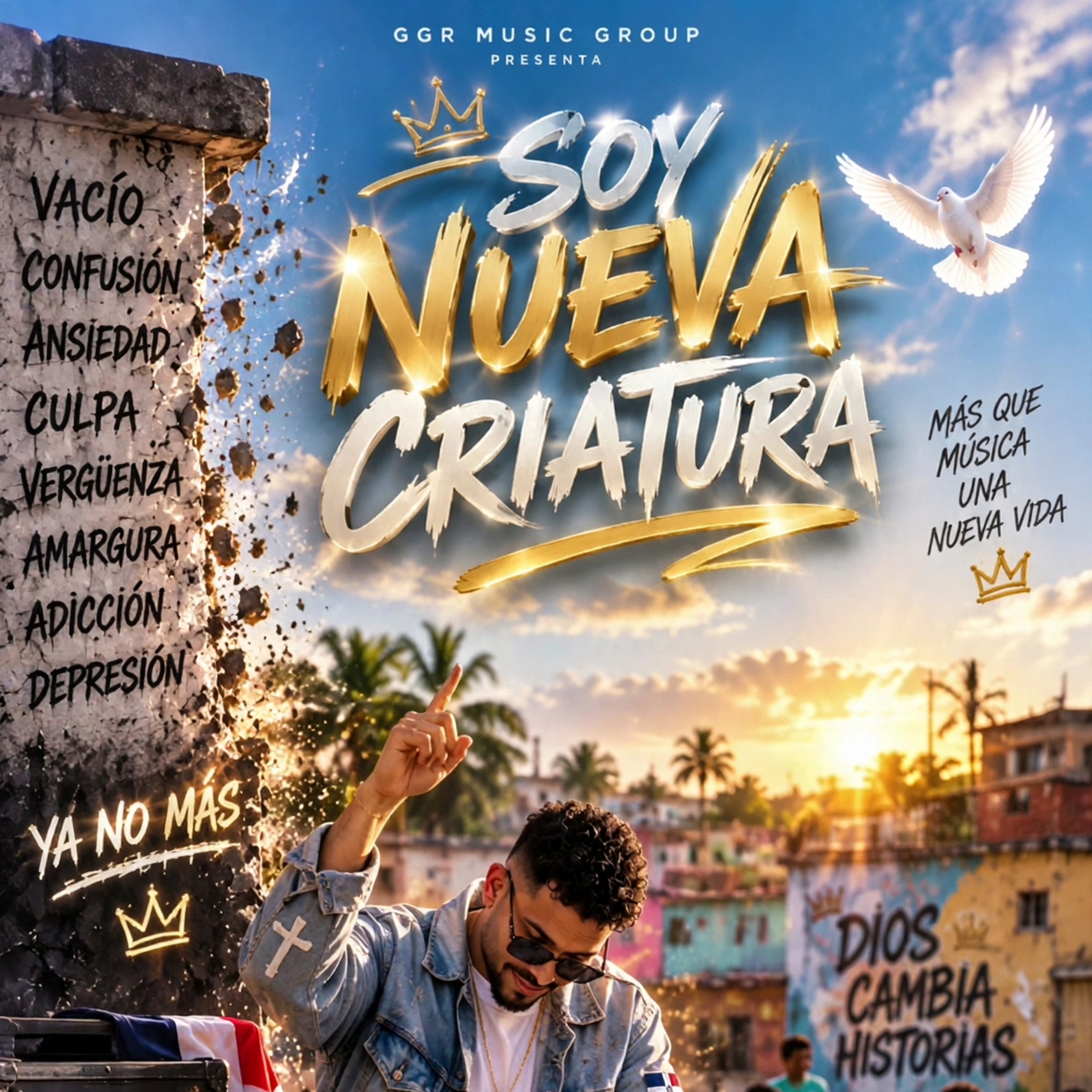 Soy Nueva Criatura official cover artwork, El Domi-Pa seated in a denim jacket under gold title lettering, a breaking wall and a white dove